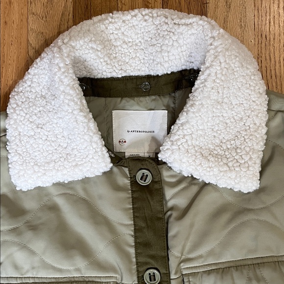 Anthropologie Green Quilted Jacket W/ Removable Sherpa Collar Sz M - Picture 4 of 11